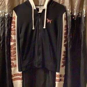 RARE PINK Victoria's Secret Black and Rose Gold Crop Graphic Bling Hoodie